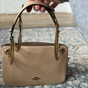 Coach Beige Leather Shoulder Bag with Gold Chain